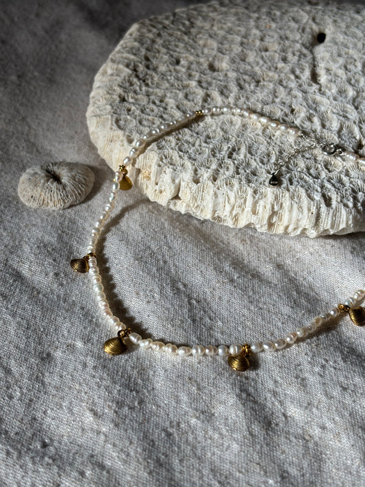Freshwater Pearl Necklace – Natural White with Gold Seashell Charms | Sterling Silver 925 Clasp