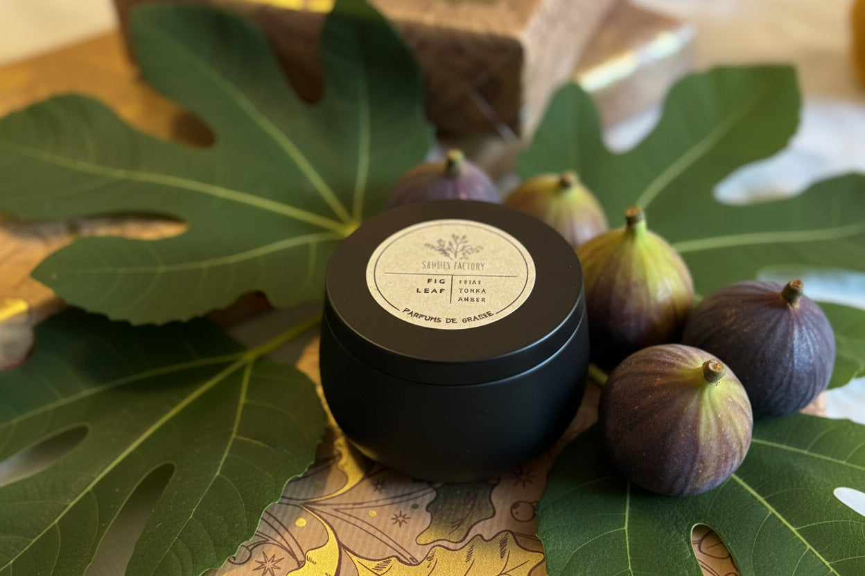 Fig candle with a label on a decorative surface