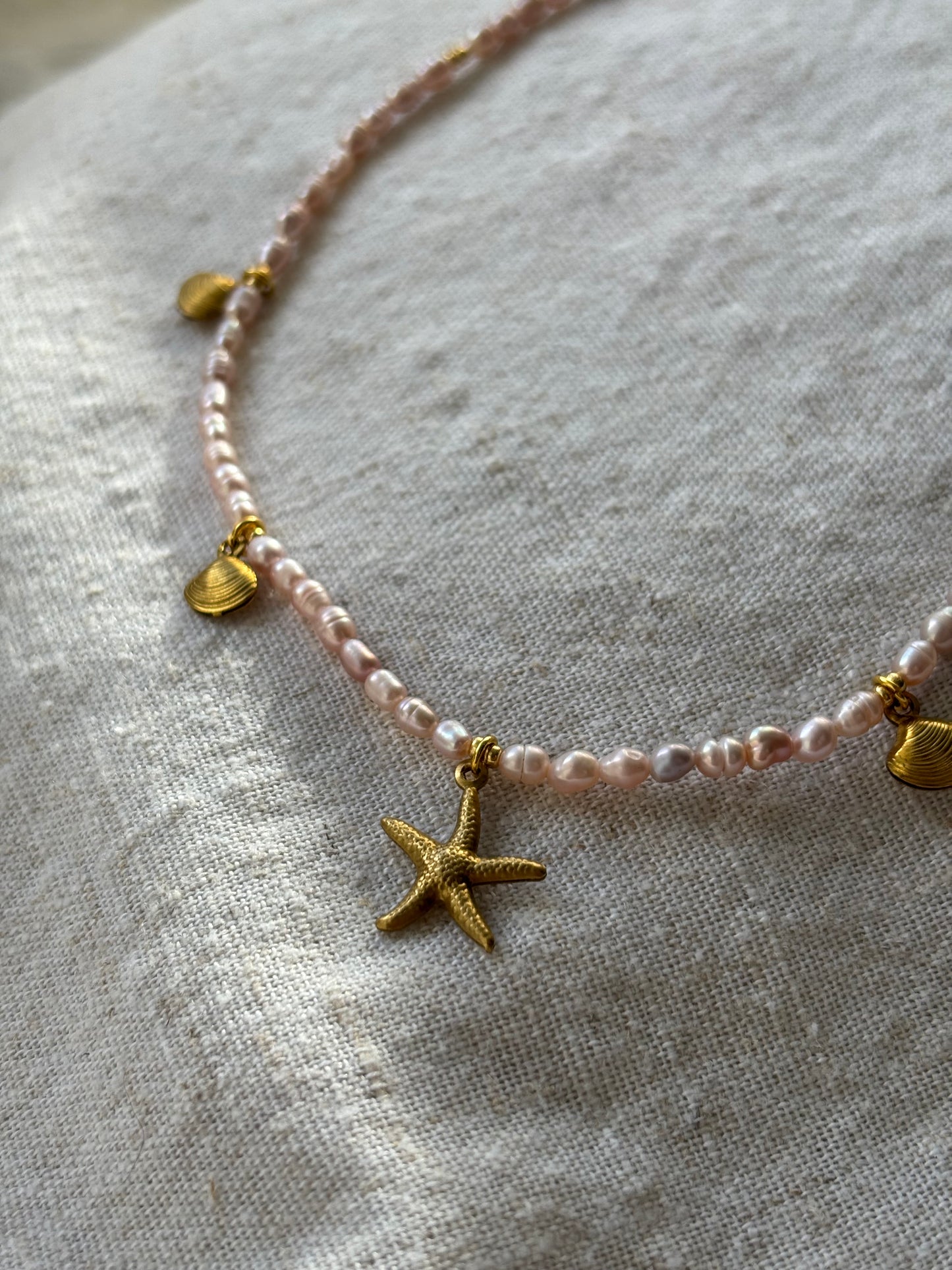 Freshwater Pearl Necklace – Soft pink with Gold Starfish & Seashell Charms | Sterling Silver 925 Clasp