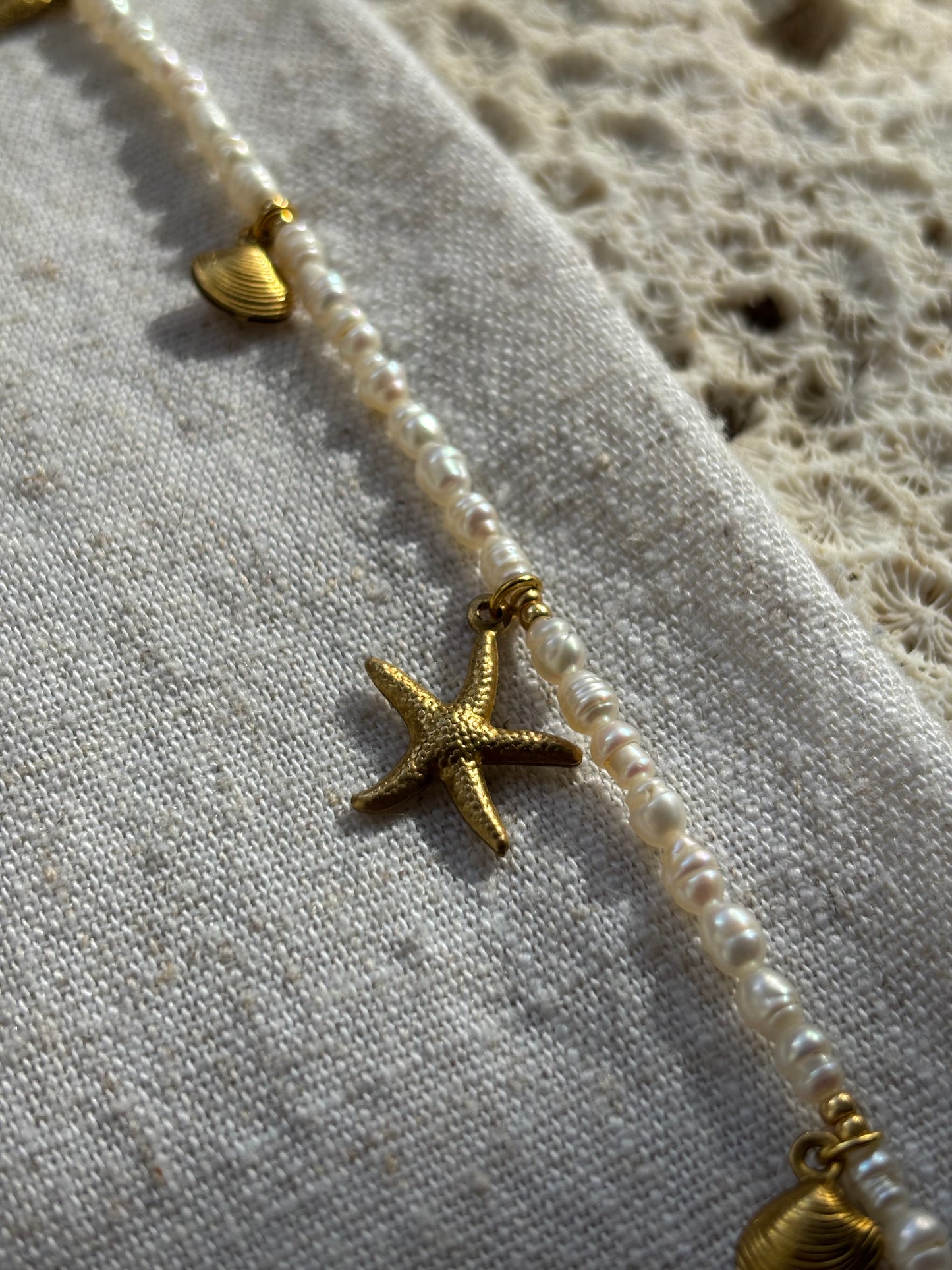 Freshwater Pearl Necklace – Natural White with Gold Starfish & Seashell Charms | Sterling Silver 925 Clasp