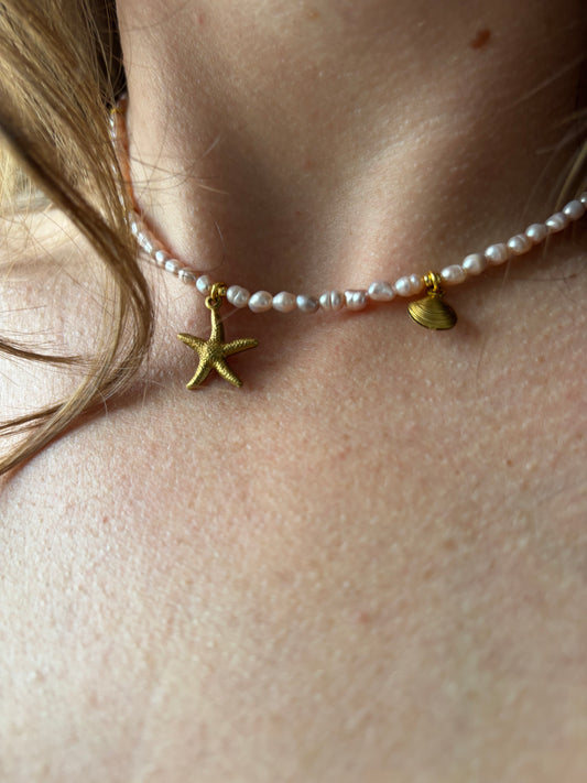 Freshwater Pearl Necklace – Soft pink with Gold Starfish & Seashell Charms | Sterling Silver 925 Clasp