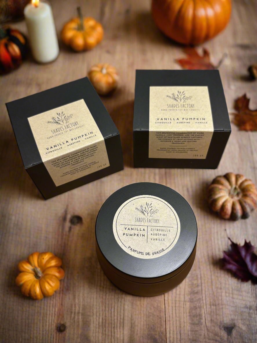 Vanilla Pumpkin Candle I Luxury scented soy wax candle in black tin jar