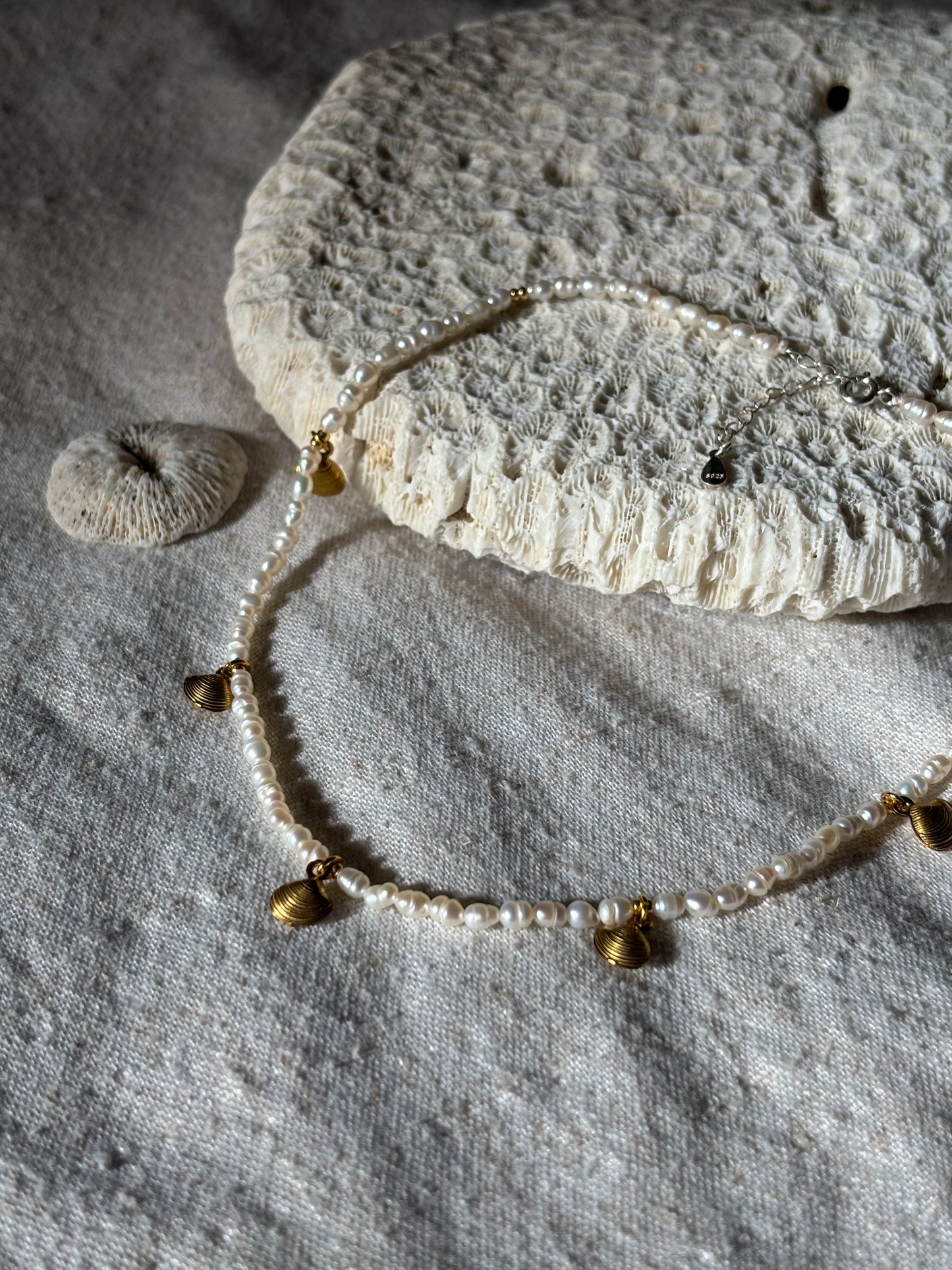 Freshwater Pearl Necklace – Natural White with Gold Seashell Charms | Sterling Silver 925 Clasp