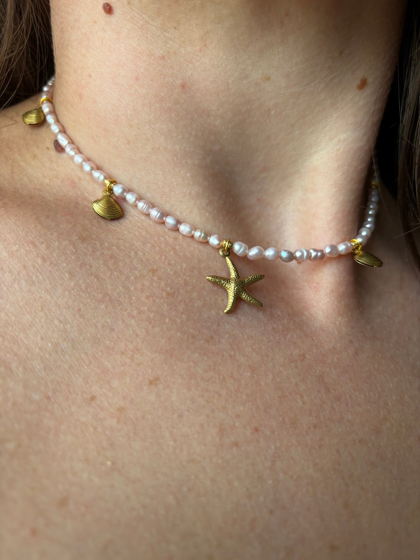 Freshwater Pearl Necklace – Soft pink with Gold Starfish & Seashell Charms | Sterling Silver 925 Clasp
