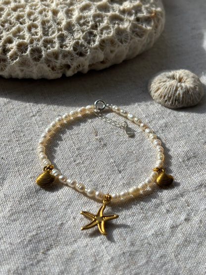 Freshwater Pearl Bracelet – Natural White with Gold Starfish & Seashell Charms | Sterling Silver 925 Clasp