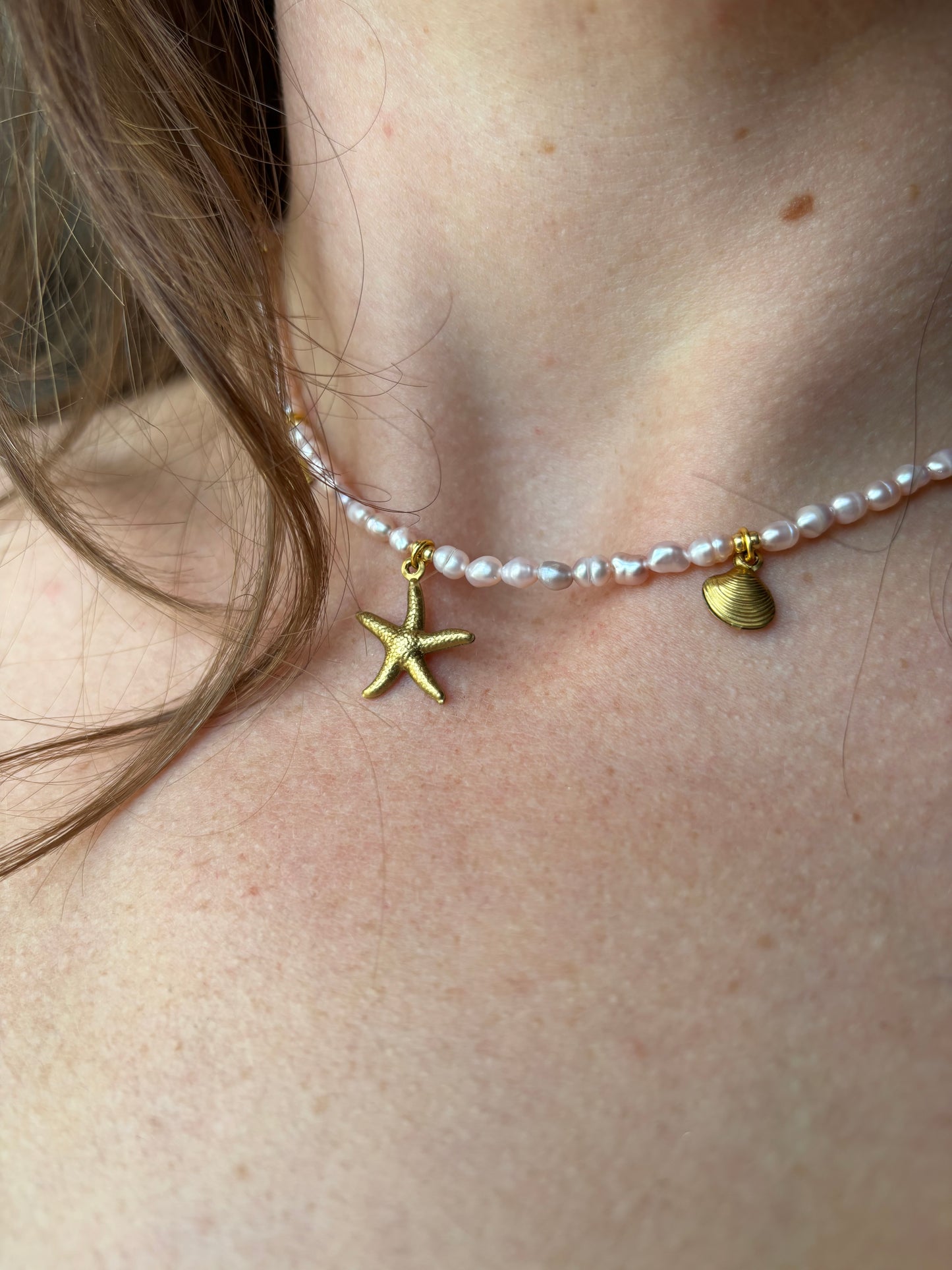 Freshwater Pearl Necklace – Soft pink with Gold Starfish & Seashell Charms | Sterling Silver 925 Clasp