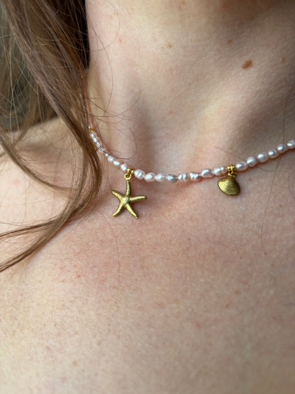 Freshwater Pearl Necklace – Soft pink with Gold Starfish & Seashell Charms | Sterling Silver 925 Clasp