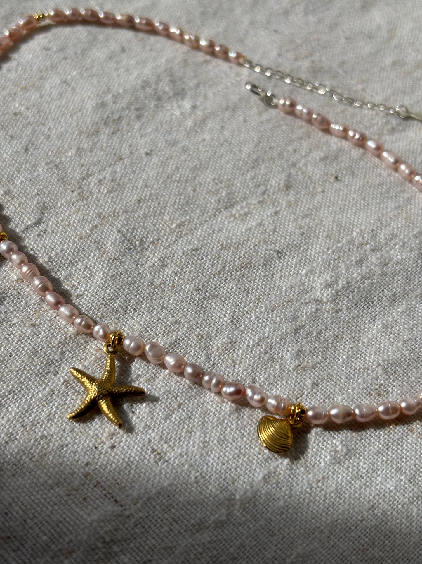 Freshwater Pearl Necklace – Soft pink with Gold Starfish & Seashell Charms | Sterling Silver 925 Clasp