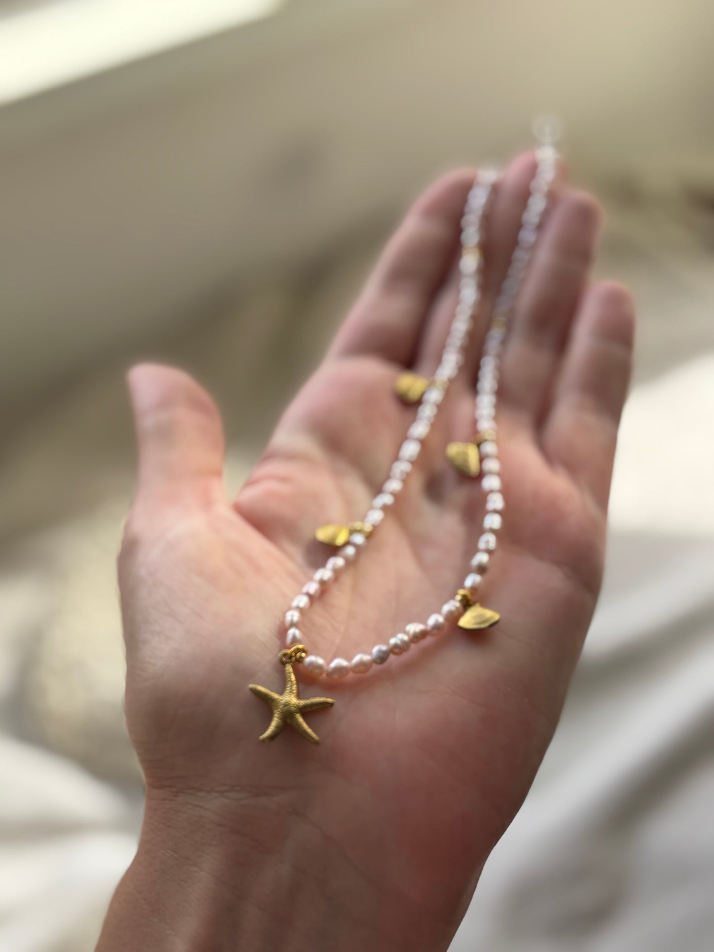 Freshwater Pearl Necklace – Soft pink with Gold Starfish & Seashell Charms | Sterling Silver 925 Clasp