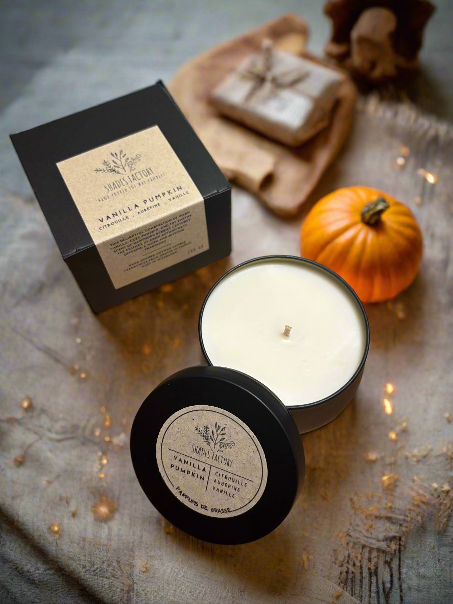 Vanilla Pumpkin Candle I Luxury scented soy wax candle in black tin jar