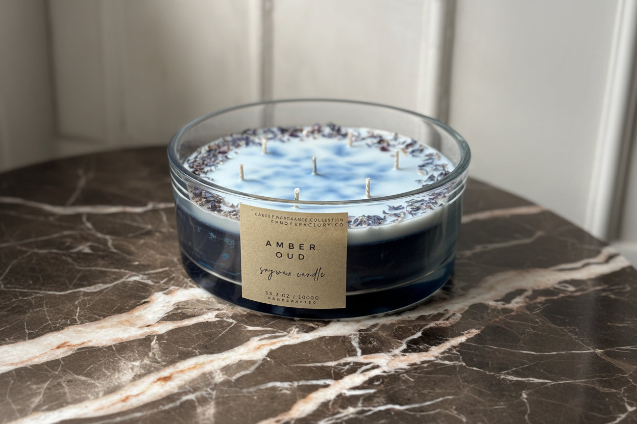 Glass candle with decorative design on a marble surface