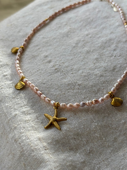 Freshwater Pearl Necklace – Soft pink with Gold Starfish & Seashell Charms | Sterling Silver 925 Clasp