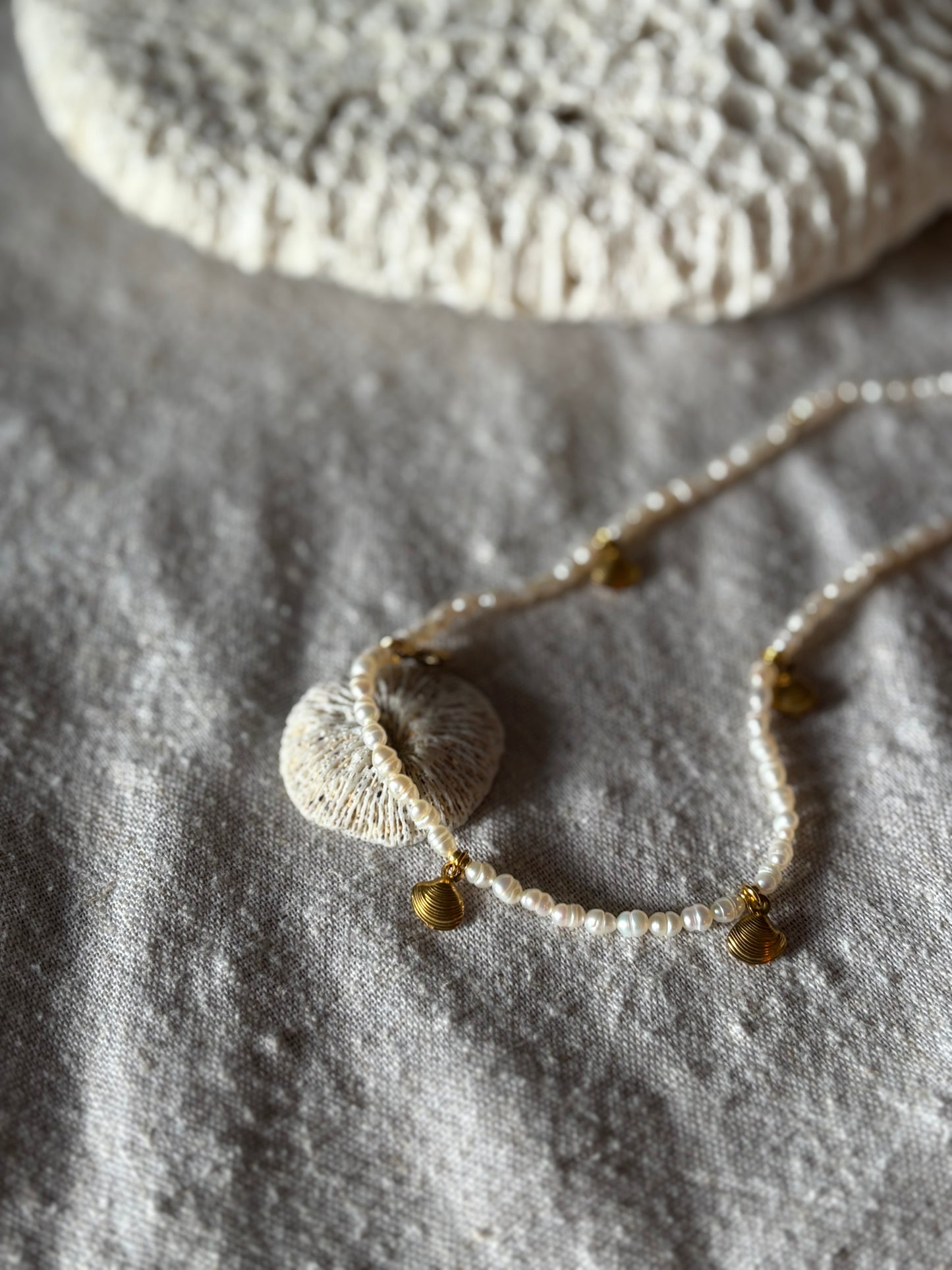 Freshwater Pearl Necklace – Natural White with Gold Seashell Charms | Sterling Silver 925 Clasp