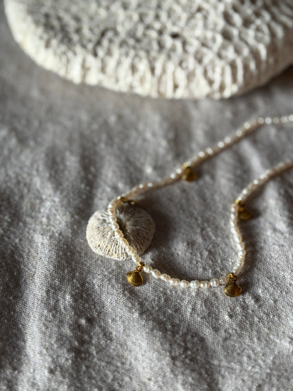 Freshwater Pearl Necklace – Natural White with Gold Seashell Charms | Sterling Silver 925 Clasp