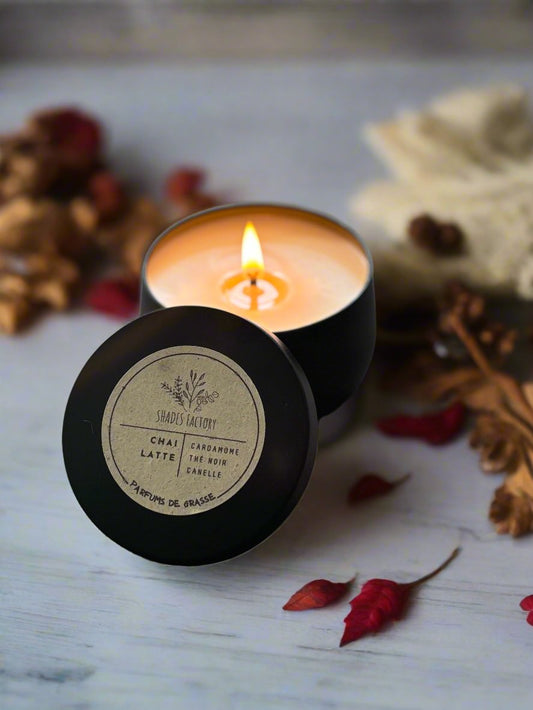 Chai Latte Candle I Luxury scented soy wax candle in black tin jar