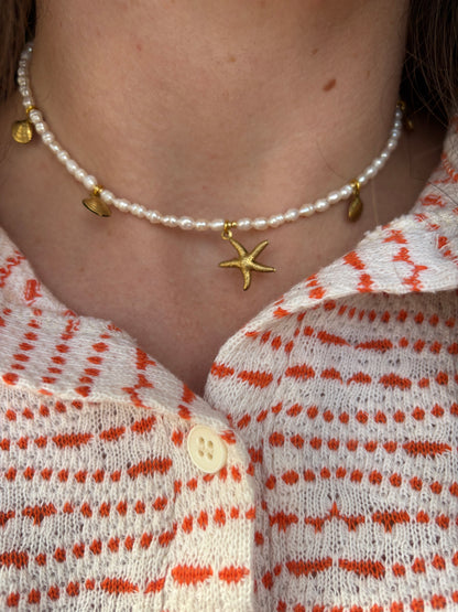 Freshwater Pearl Necklace – Natural White with Gold Starfish & Seashell Charms | Sterling Silver 925 Clasp