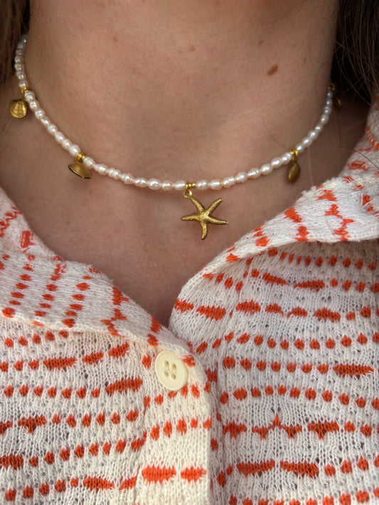 Freshwater Pearl Necklace – Natural White with Gold Starfish & Seashell Charms | Sterling Silver 925 Clasp