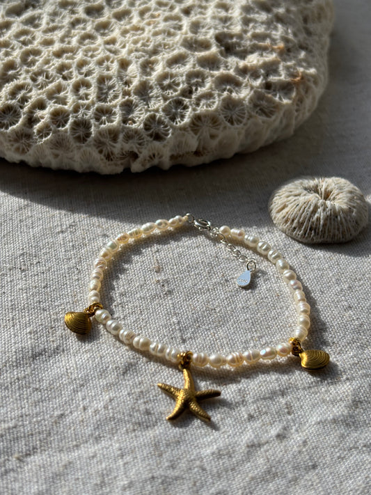 Freshwater Pearl Bracelet – Natural White with Gold Starfish & Seashell Charms | Sterling Silver 925 Clasp