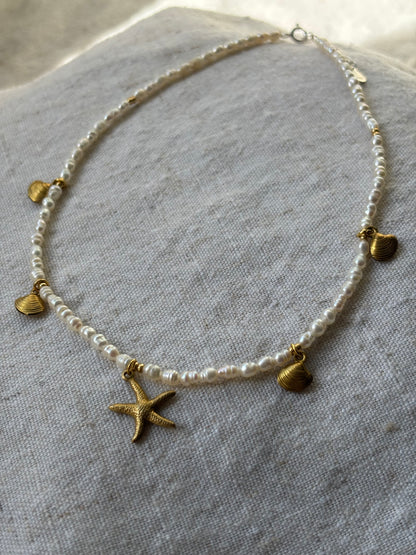 Freshwater Pearl Necklace – Natural White with Gold Starfish & Seashell Charms | Sterling Silver 925 Clasp