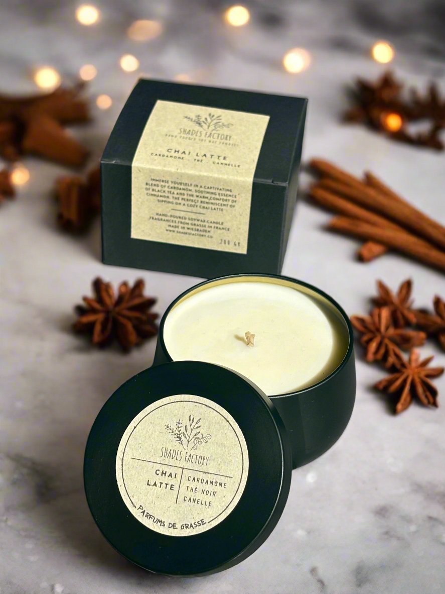 Chai Latte Candle I Luxury scented soy wax candle in black tin jar