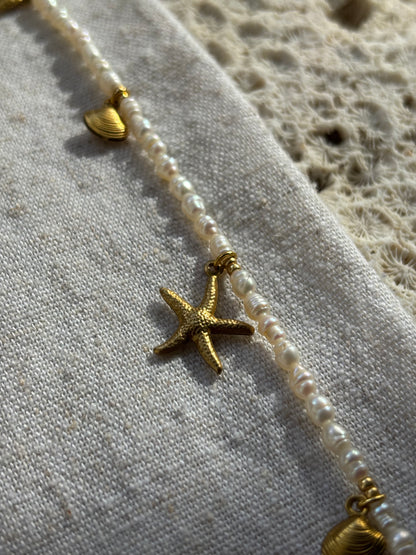 Freshwater Pearl Necklace – Natural White with Gold Starfish & Seashell Charms | Sterling Silver 925 Clasp
