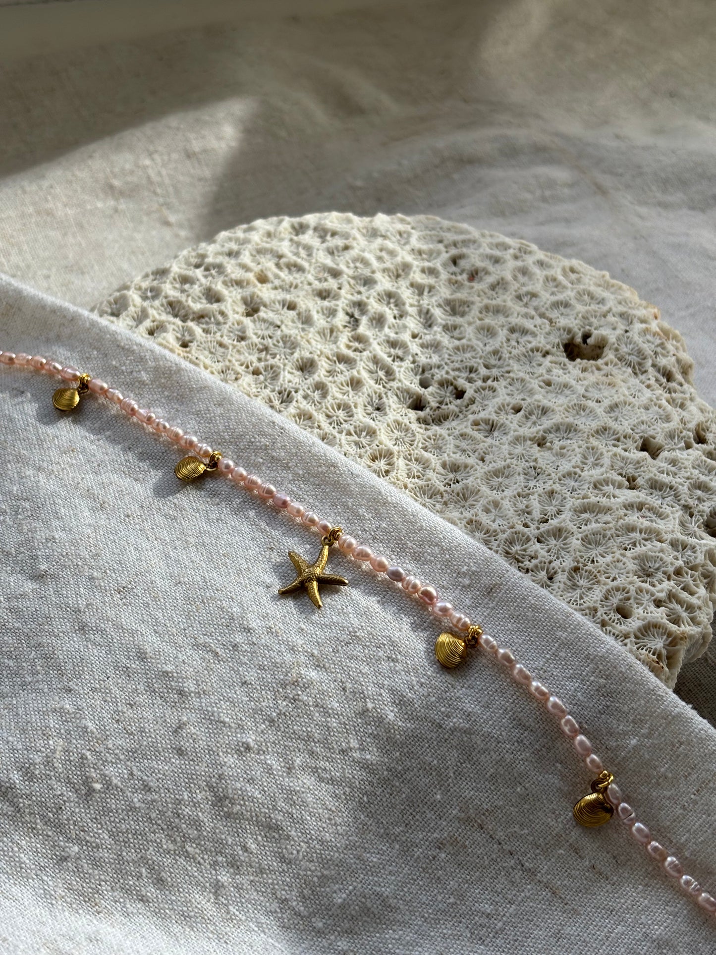 Freshwater Pearl Necklace – Soft pink with Gold Starfish & Seashell Charms | Sterling Silver 925 Clasp