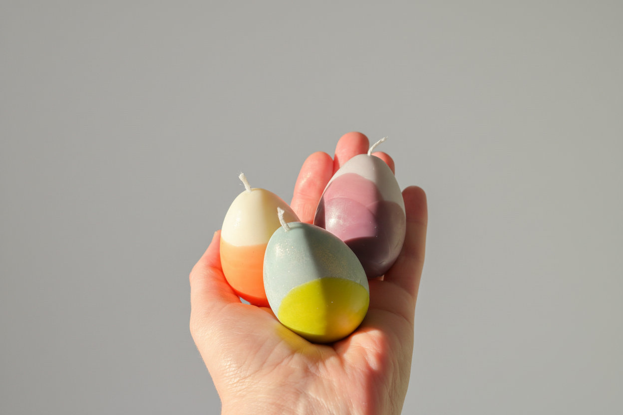 Hand holding three neon dip candles with a dark background