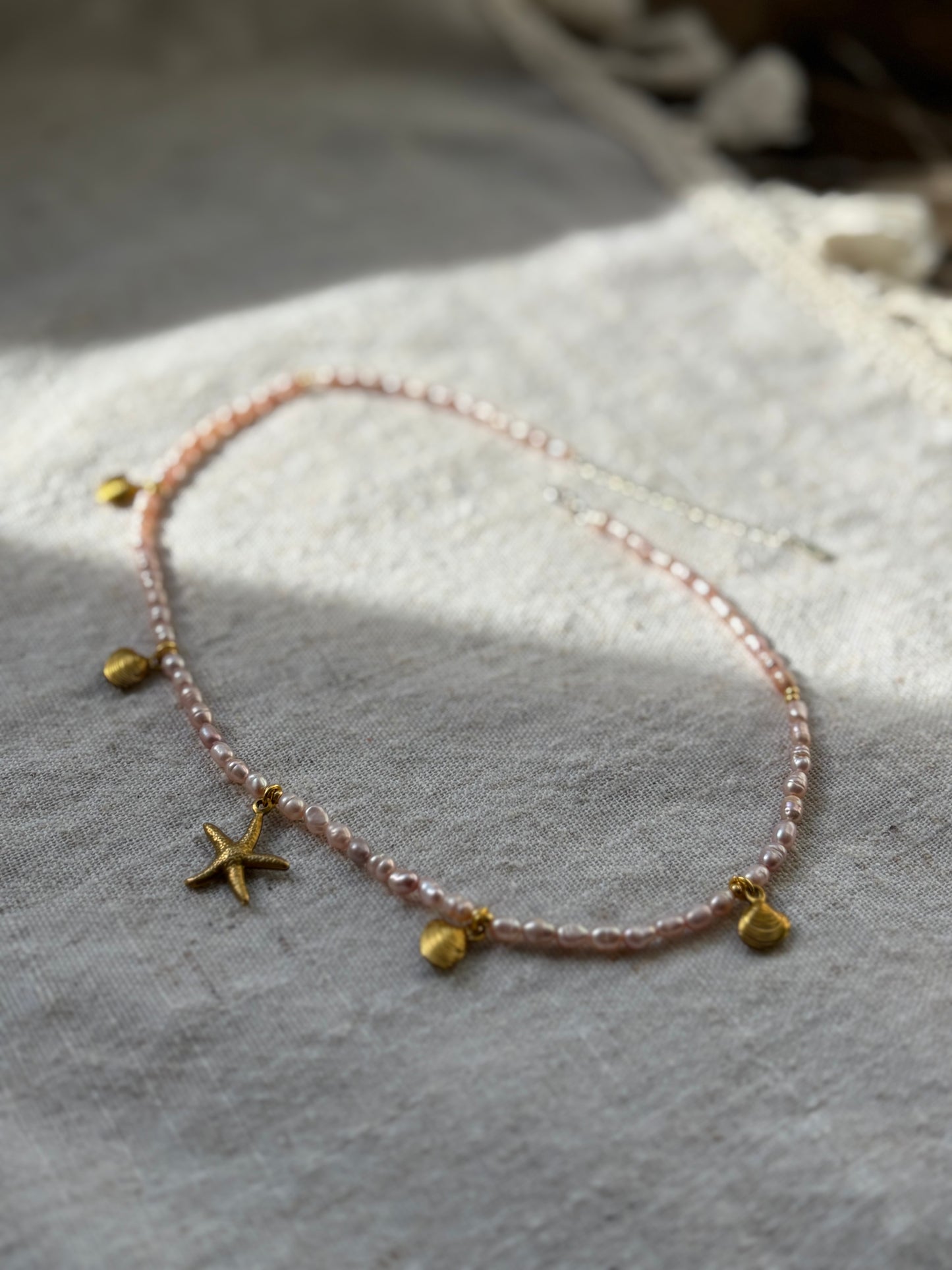 Freshwater Pearl Necklace – Soft pink with Gold Starfish & Seashell Charms | Sterling Silver 925 Clasp
