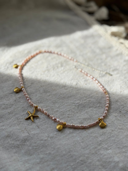 Freshwater Pearl Necklace – Soft pink with Gold Starfish & Seashell Charms | Sterling Silver 925 Clasp