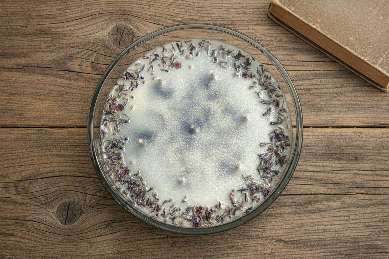 Glass bowl with a shiny candle and small purple flowers on a beige surface