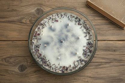 Glass bowl with a shiny candle and small purple flowers on a beige surface