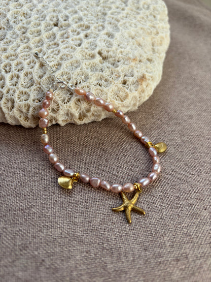 Freshwater Pearl Bracelet – Soft Pink with Gold Starfish & Seashell Charms | Sterling Silver 925 Clasp