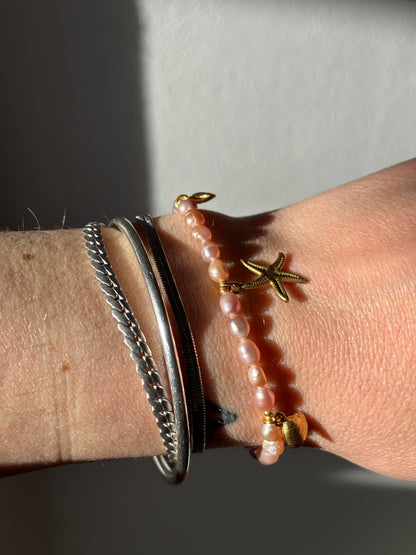 Freshwater Pearl Bracelet – Soft Pink with Gold Starfish & Seashell Charms | Sterling Silver 925 Clasp