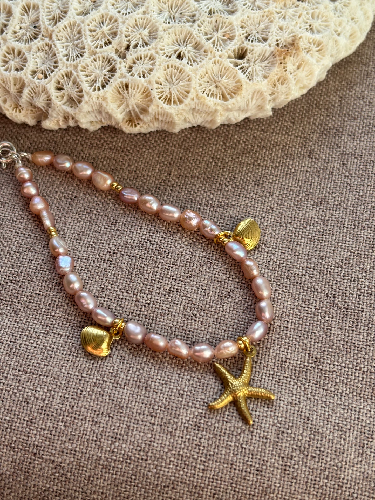 Freshwater Pearl Bracelet – Soft Pink with Gold Starfish & Seashell Charms | Sterling Silver 925 Clasp