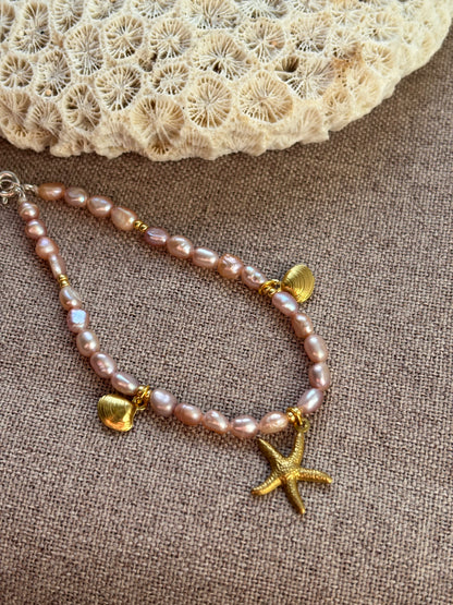 Freshwater Pearl Bracelet – Soft Pink with Gold Starfish & Seashell Charms | Sterling Silver 925 Clasp