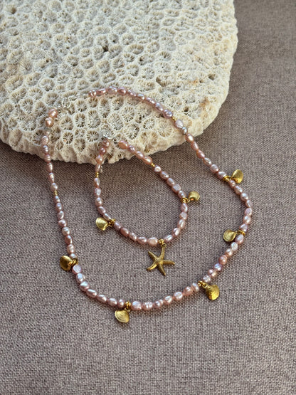 Freshwater Pearl Necklace – Soft Pink with Gold Seashell Charms | Sterling Silver 925 Clasp