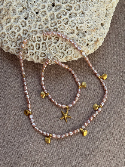 Freshwater Pearl Bracelet – Soft Pink with Gold Starfish & Seashell Charms | Sterling Silver 925 Clasp