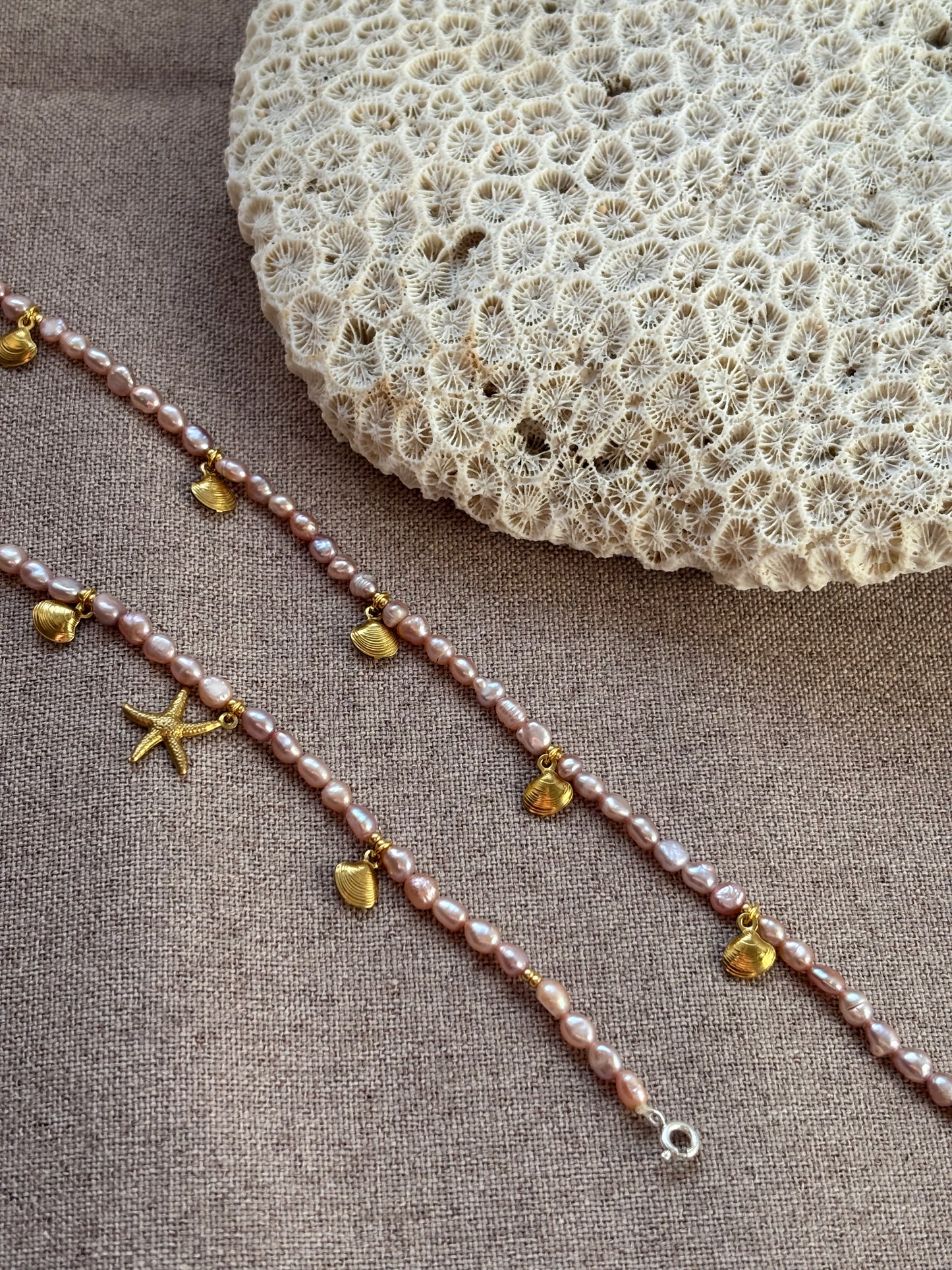 Freshwater Pearl Bracelet – Soft Pink with Gold Starfish & Seashell Charms | Sterling Silver 925 Clasp