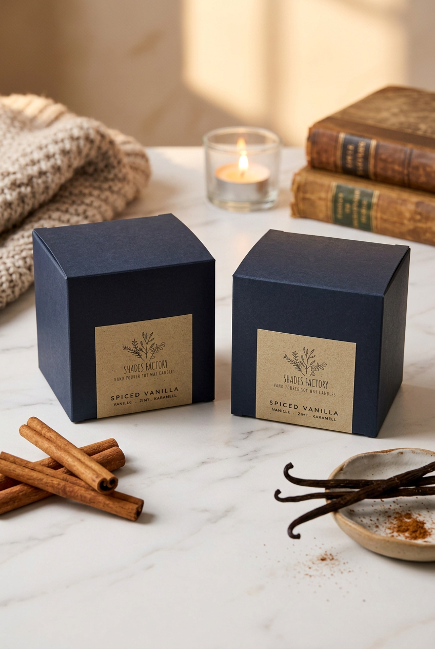 Two small square boxes of Saffron Factory Spiced Vanilla Sweet Cream Custard, featuring dark navy blue packaging with a beige paper label, resting on a white surface.