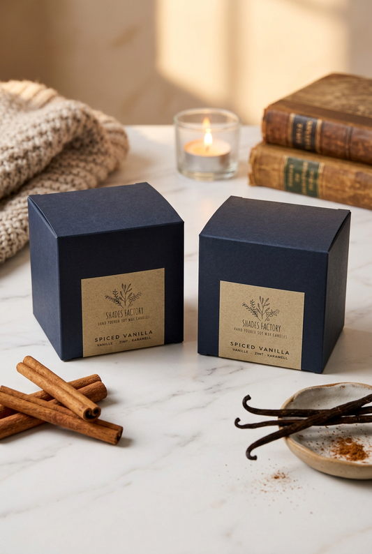 Two small square boxes of Saffron Factory Spiced Vanilla Sweet Cream Custard, featuring dark navy blue packaging with a beige paper label, resting on a white surface.