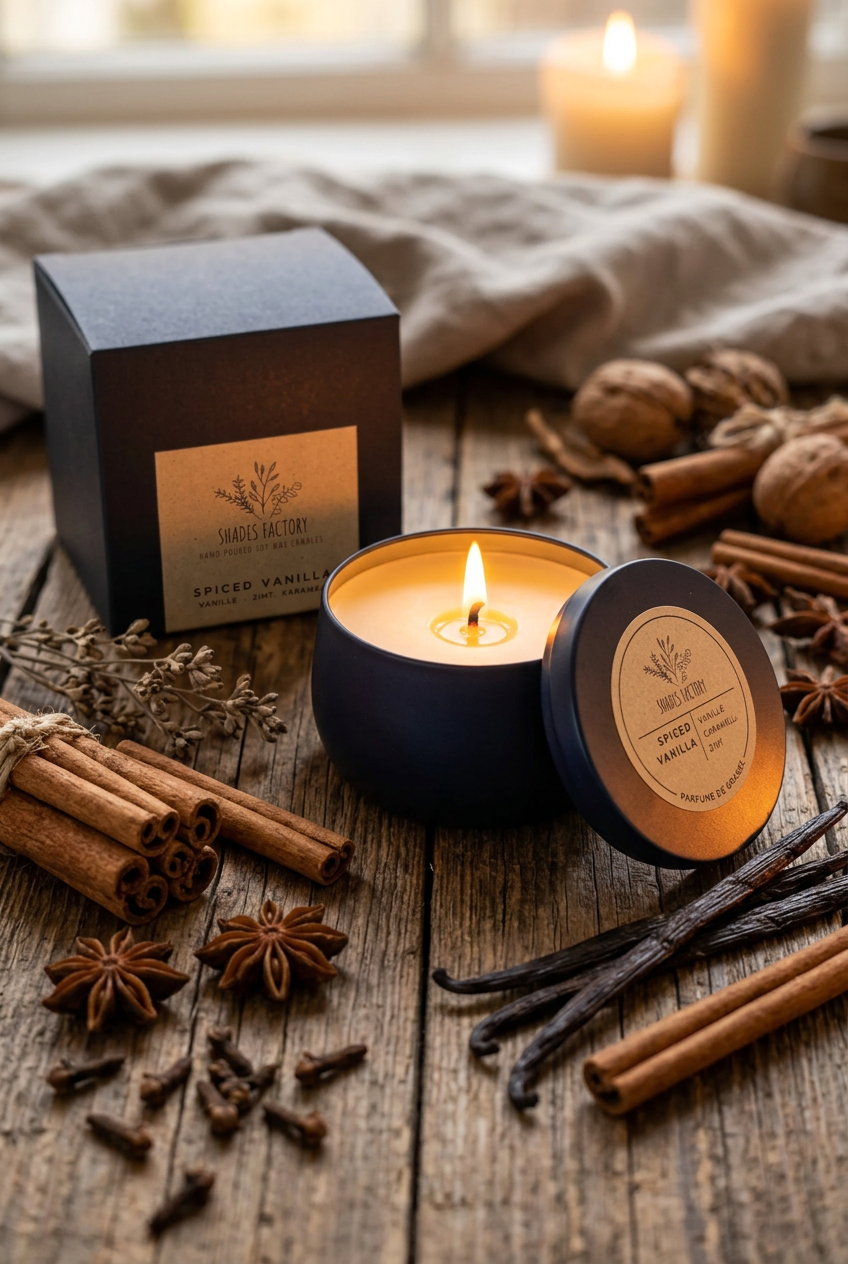 An open navy blue candle tin with white wax sits beside its matching navy and beige box on a white surface. The label reads 'Shady Factory' and 'Spiced Vanilla'.